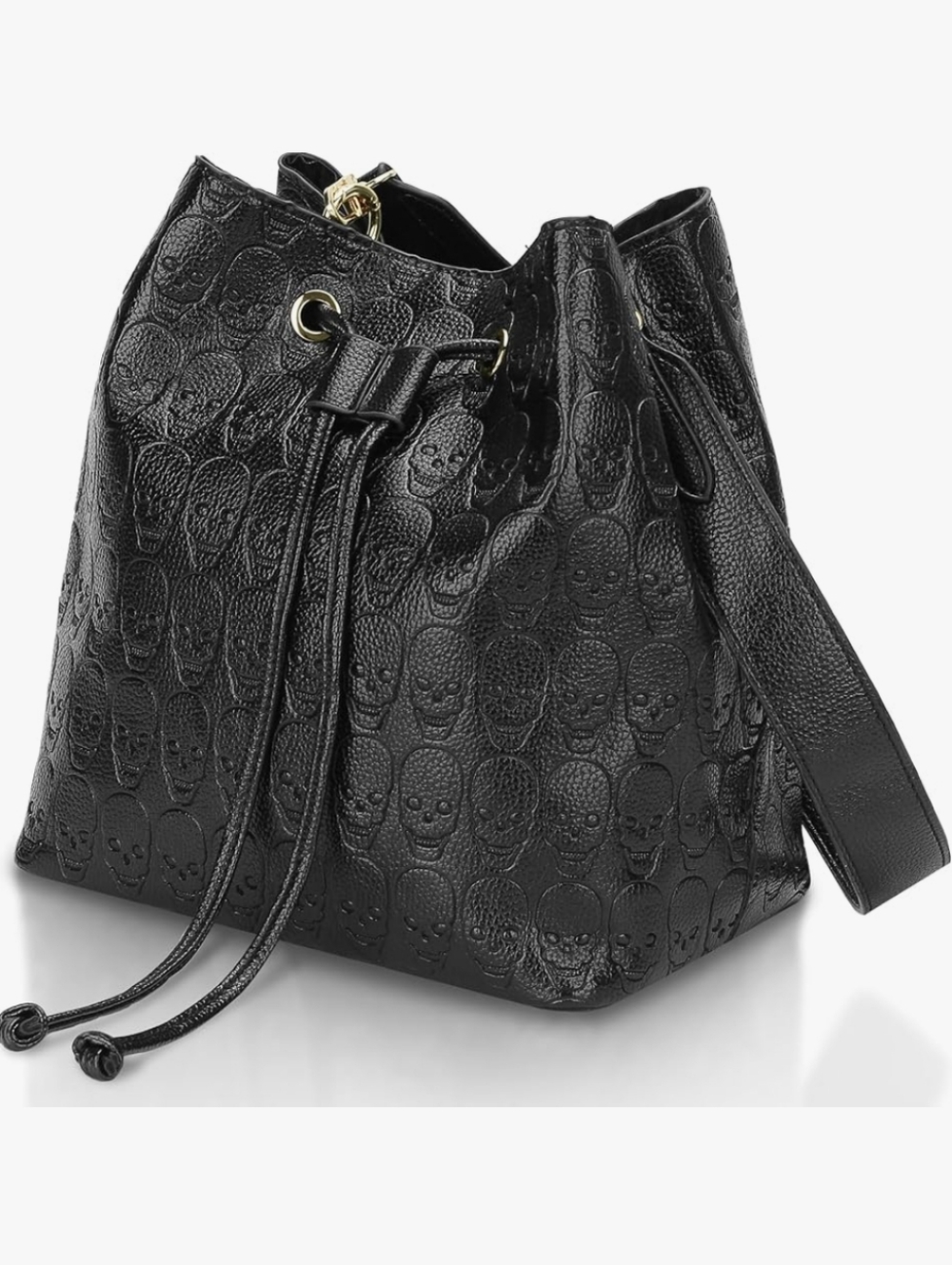 Black Embossed Skull Drawstring Hobo  Shoulder Bag.